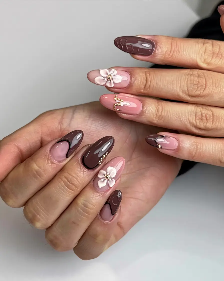 fall 3d nail art 2025 Glossy Chocolate Waves & 3D Blossoms