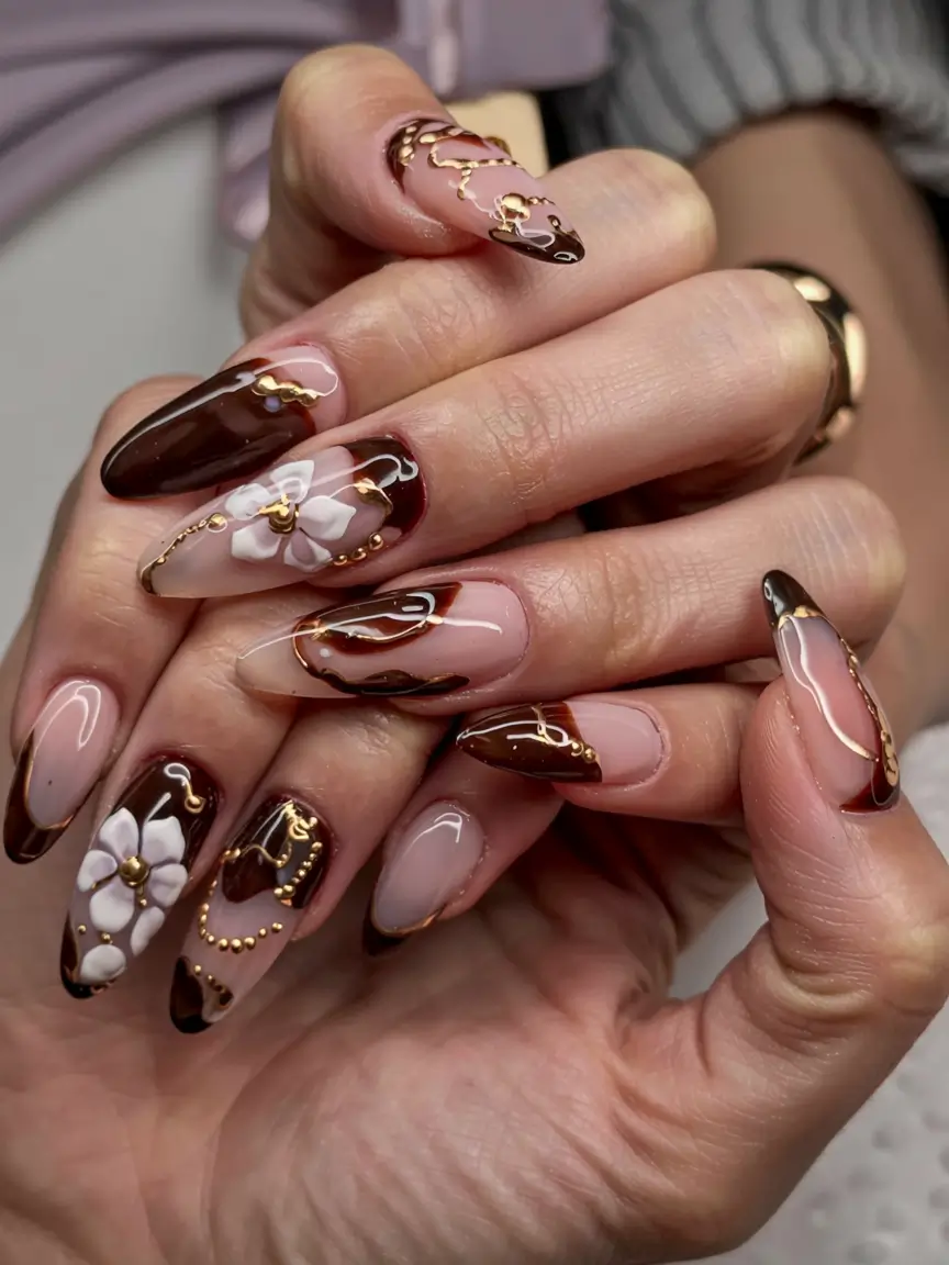 fall 3d nail art 2025 Golden Chains & Coffee Petals