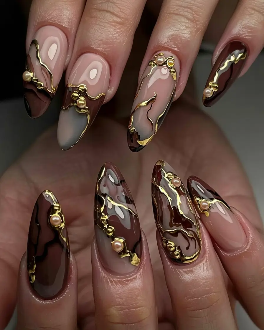 fall 3d nail art 2025 Kintsugi Marble with Golden Veins & Pearls