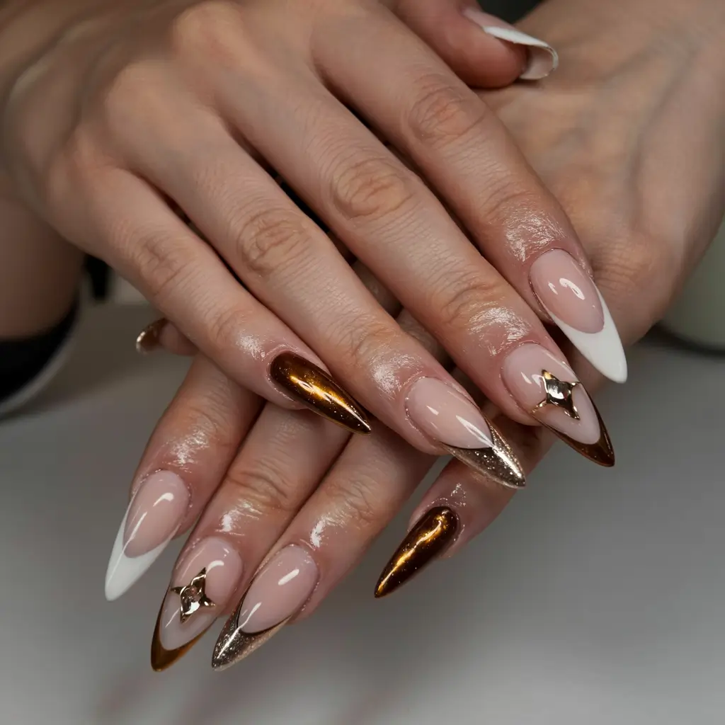 fall 3d nail art 2025 Metallic Foil & Sharp White Accents