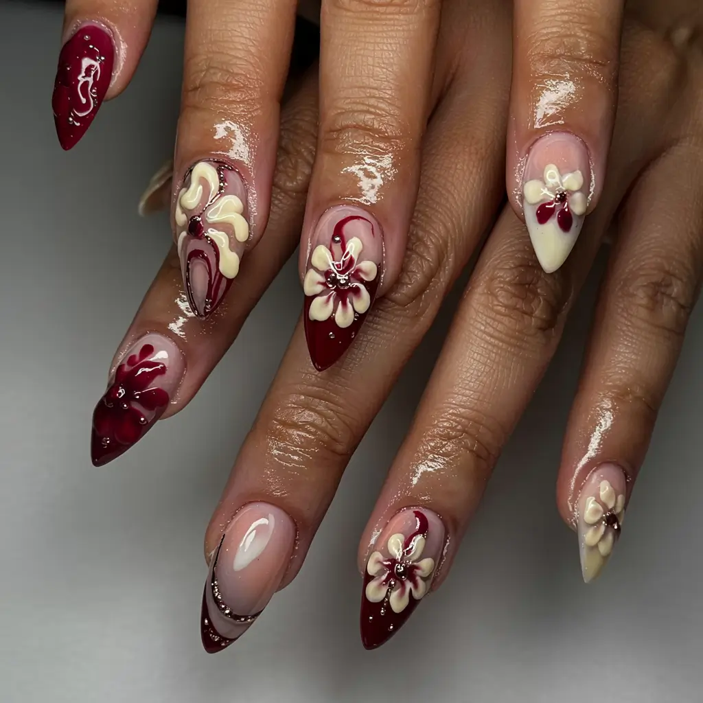 fall 3d nail art 2025 Burgundy Cream Petals & Glossy Drama