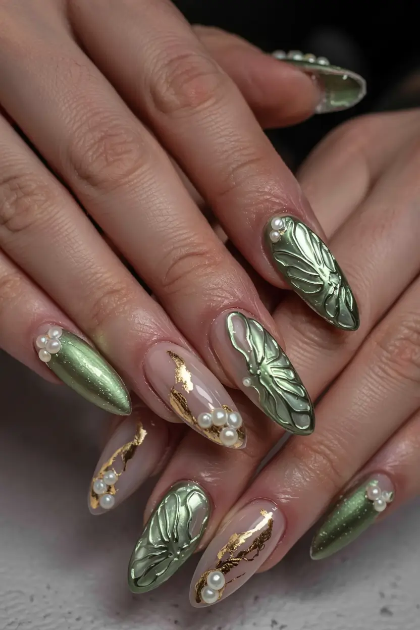 fall 3d nail art 2025 Sage Metallic Wings & Pearl Embellishments
