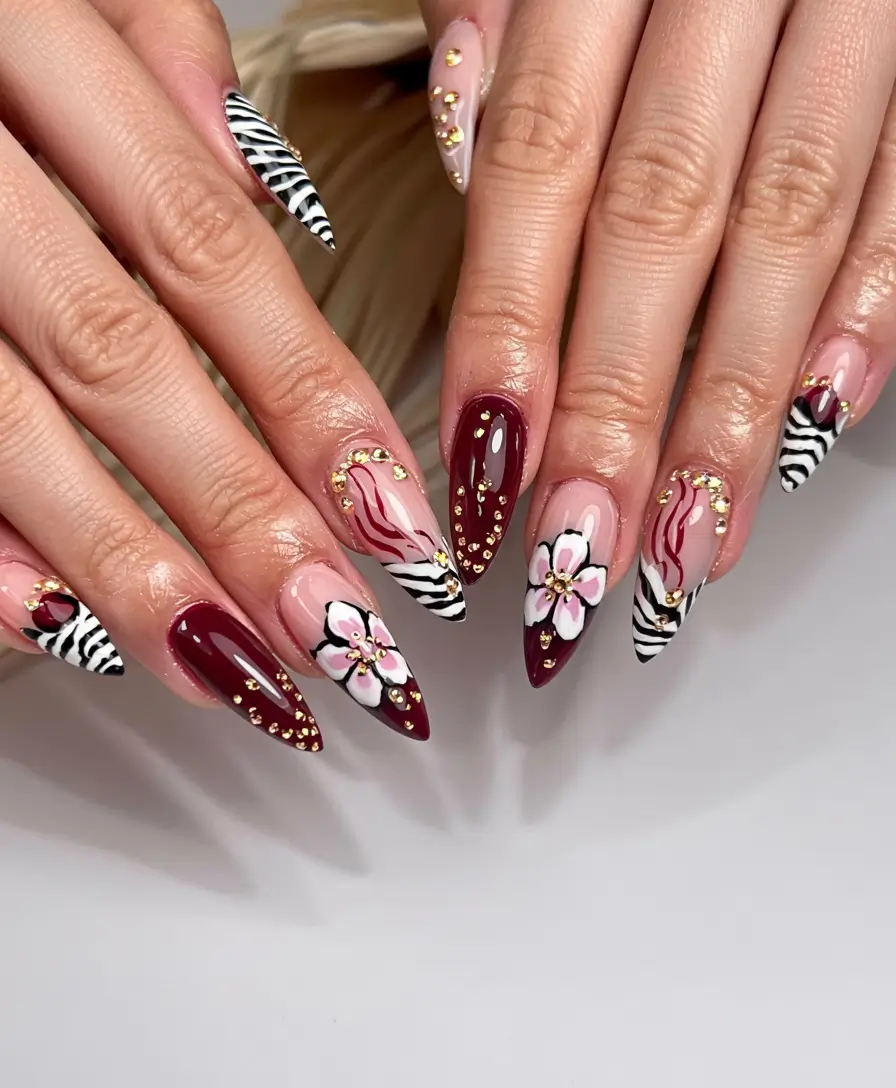 fall 3d nail art 2025 Wine Red Blossoms & Zebra Flair