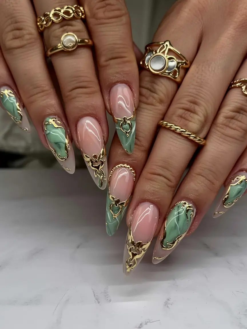 fall 3d nail art 2025 Mint Marble with Golden Chains