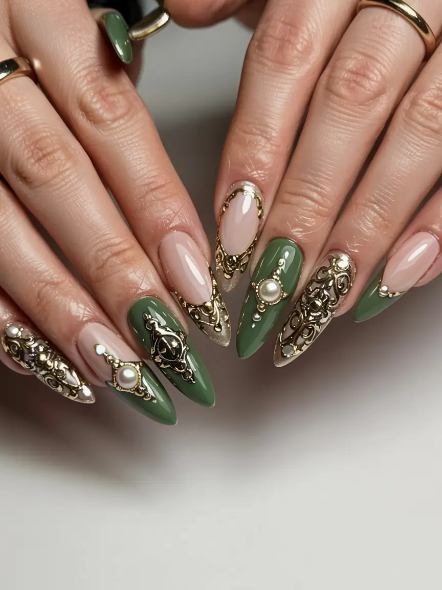 fall 3d nail art 2025 Emerald Gold Baroque Frames