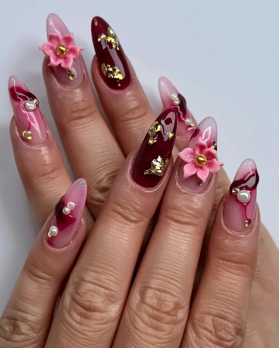fall 3d nail art 2025 Ruby Drama with Blossoms and Gold Flakes