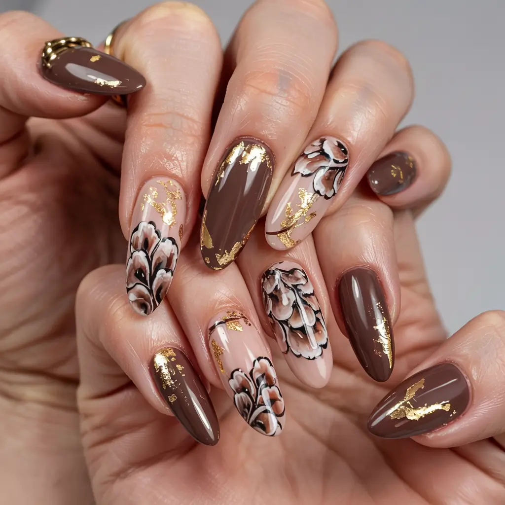 fall 3d nail art 2025 Caramel Florals with Gold Foil Touches
