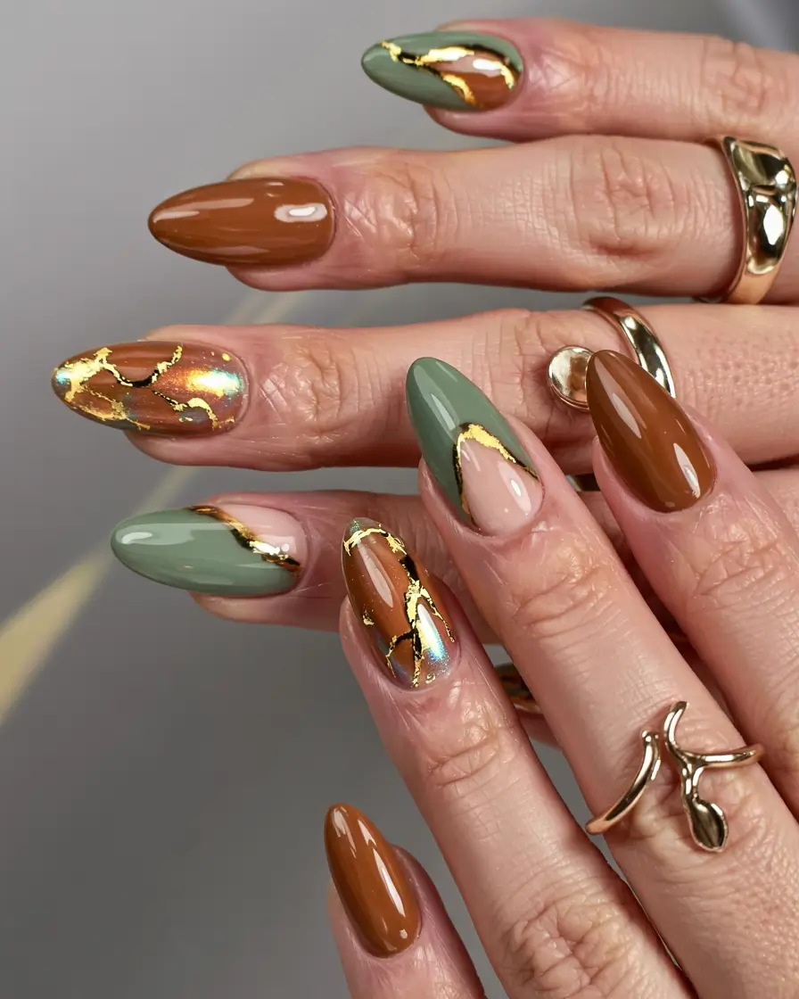 fall 3d nail art 2025 Olive & Caramel Kintsugi Shine