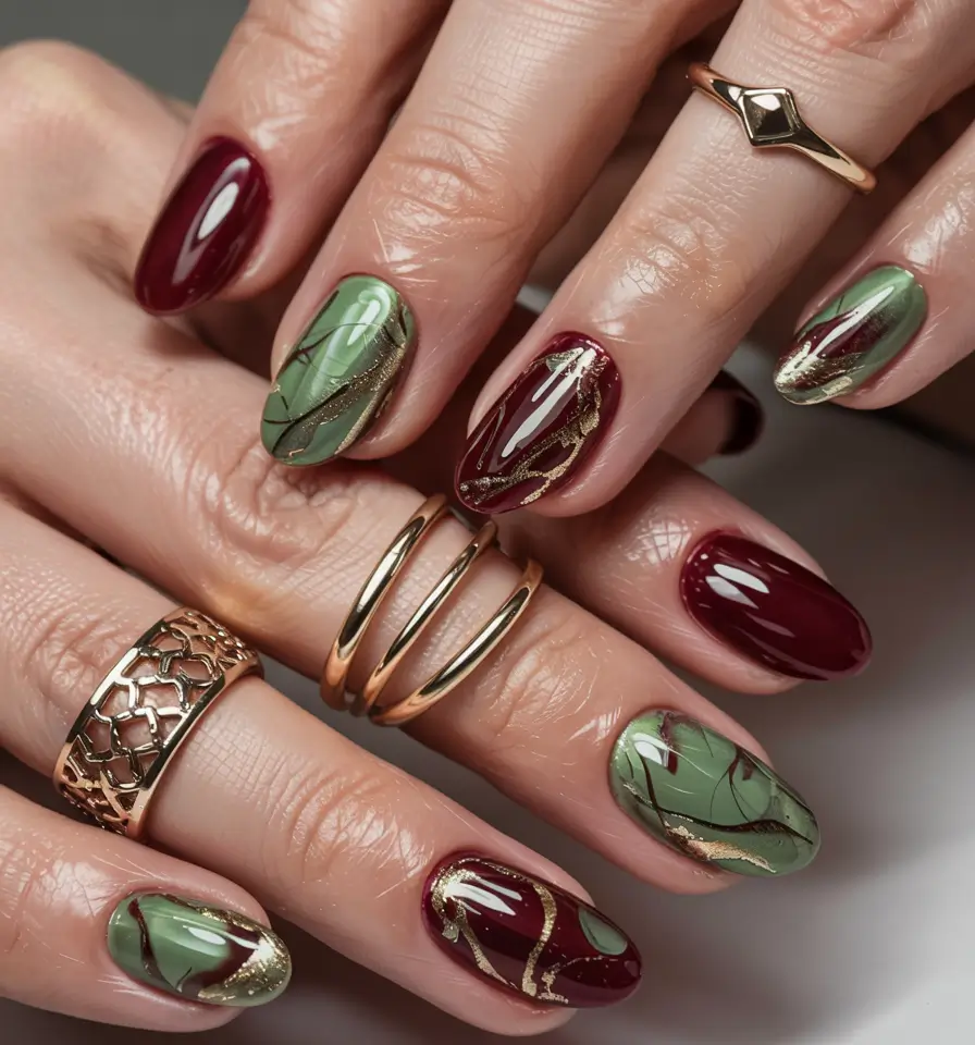 fall 3d nail art 2025 Burgundy Meets Forest Whispers