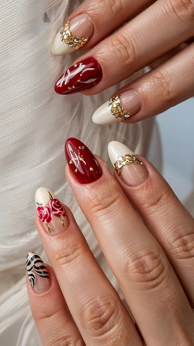 fall 3d nail art 2025 Crimson Romance & Golden Embroidery