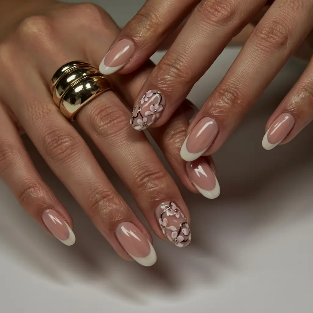 fall almond nails 2025 Floral French with 3D Petals