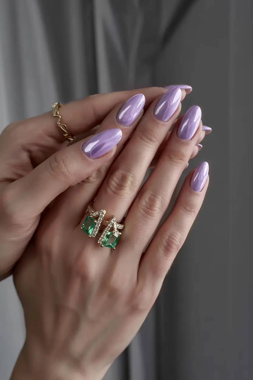 fall almond nails 2025 Glossy Lilac Shine