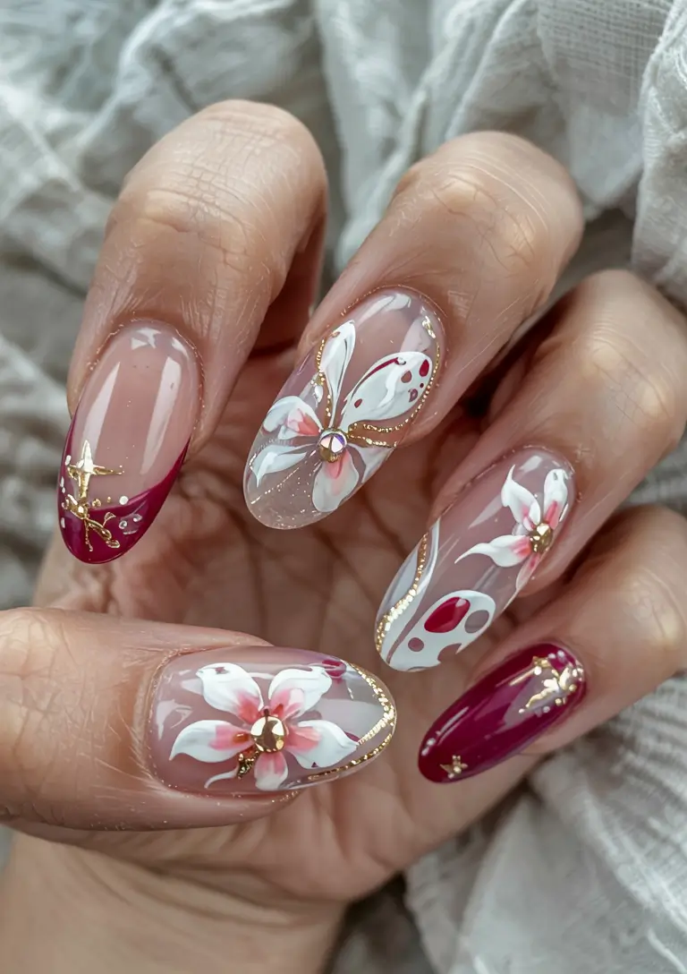 fall almond nails 2025 Ruby Floral Extravaganza
