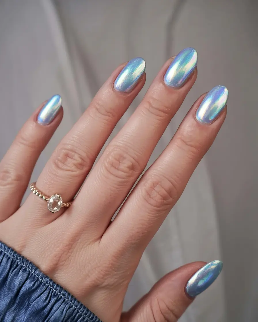 fall almond nails 2025 Iridescent Blue Glow