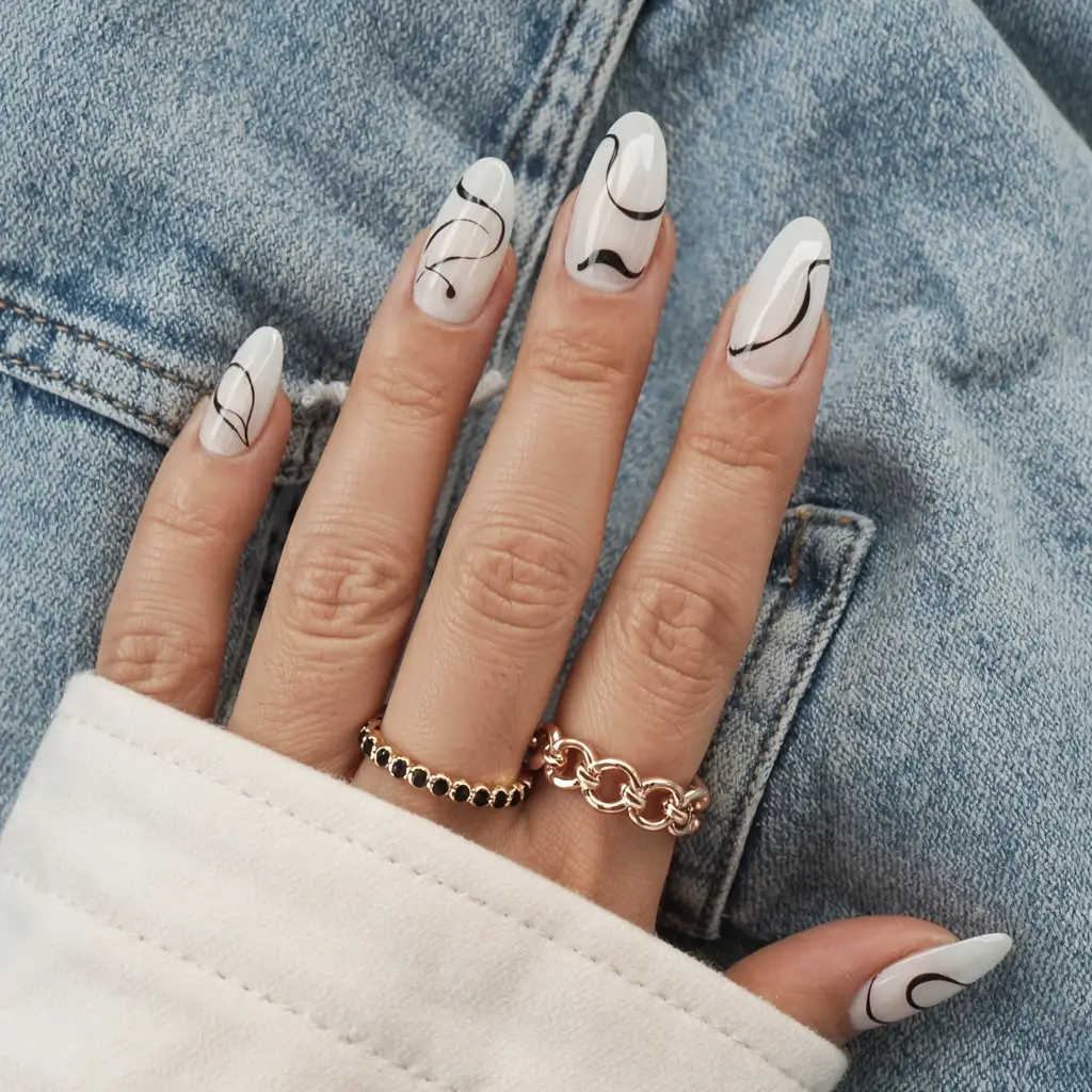 fall almond nails 2025 Monochrome Line Art
