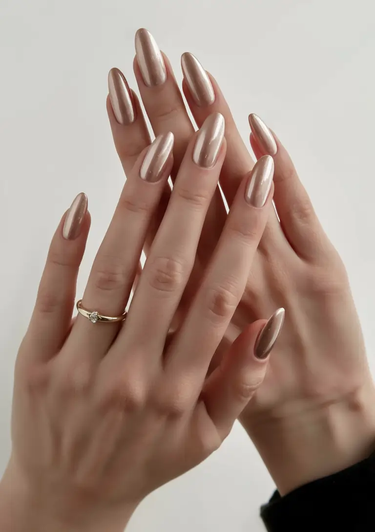 fall almond nails 2025 Champagne Chrome Elegance