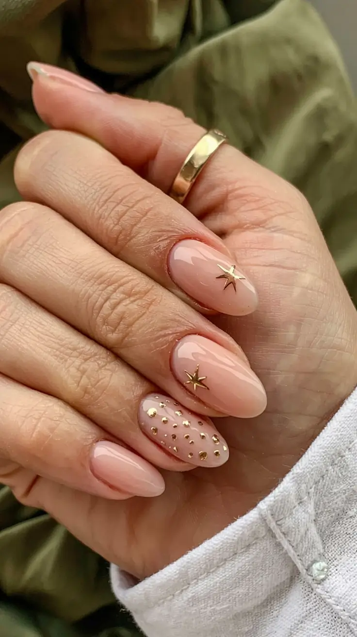 fall almond nails 2025 Golden Star Accents on Nude Base