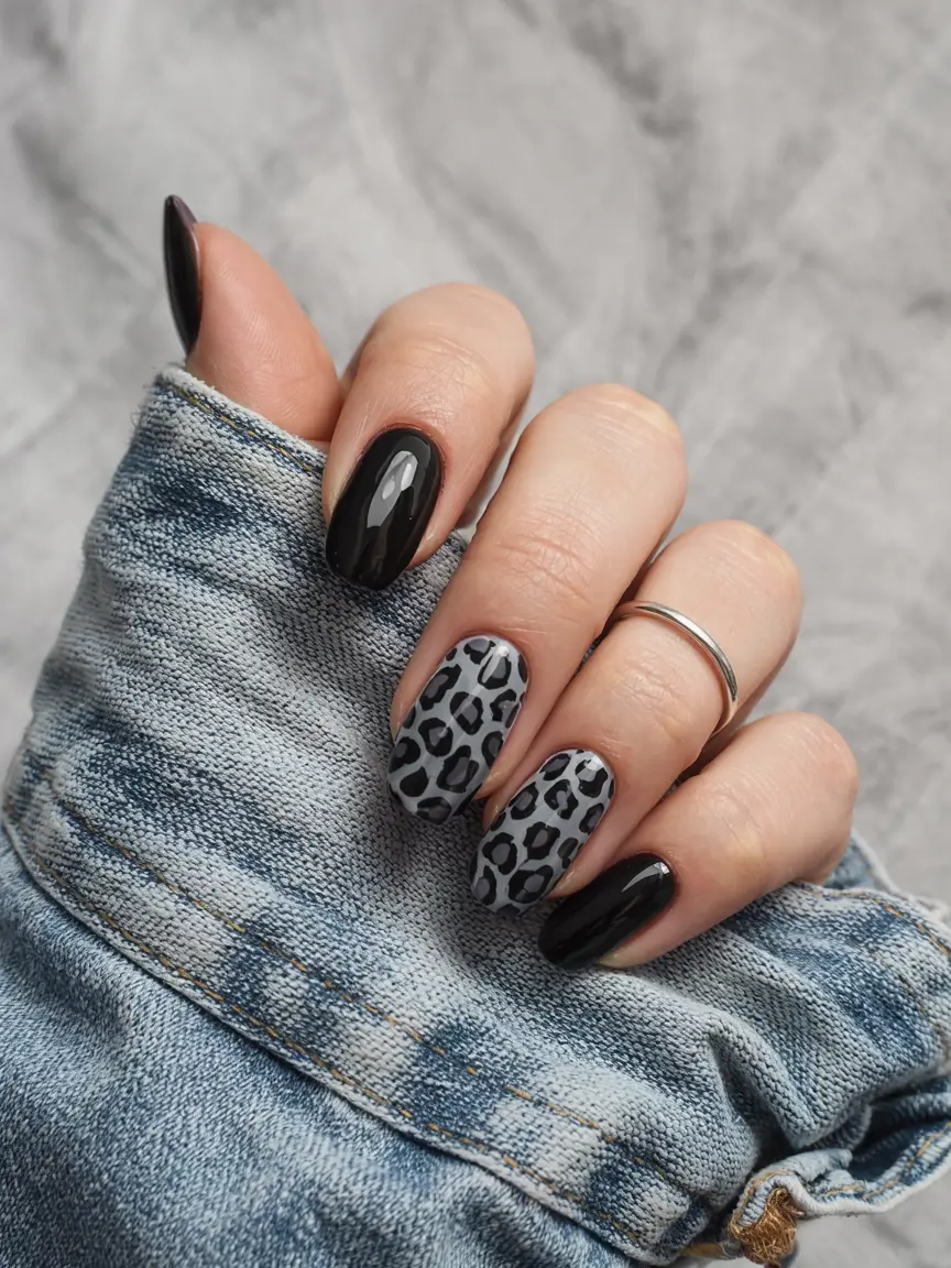 fall almond nails 2025 Matte and Glossy Leopard Contrast