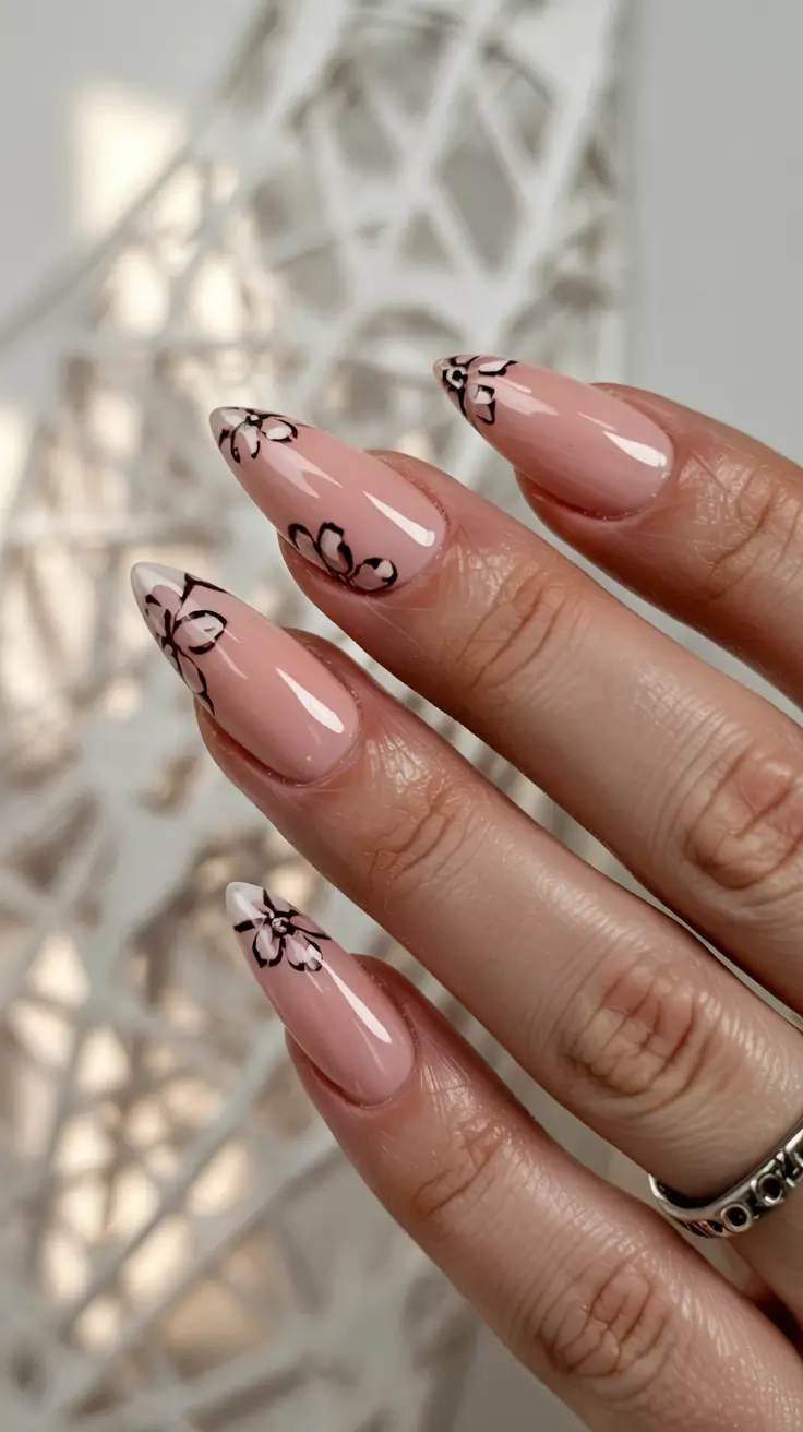 fall almond nails 2025 Delicate Black Florals on Nude Pink