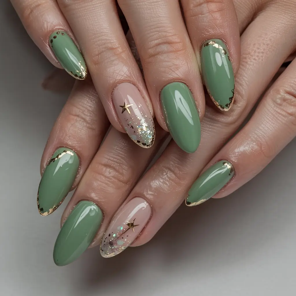 fall almond nails 2025 Sage Green and Golden Sparkle