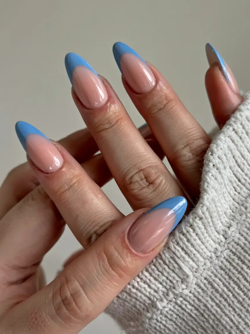 fall almond nails 2025 Blue-Tipped Minimalist French