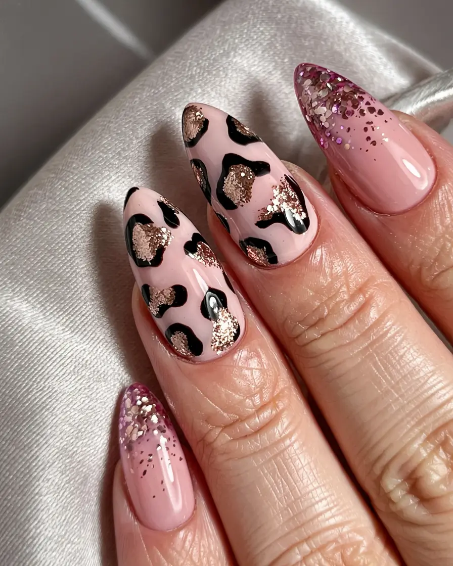 fall animal print nails 2025 Rose Gold Leopard Glam