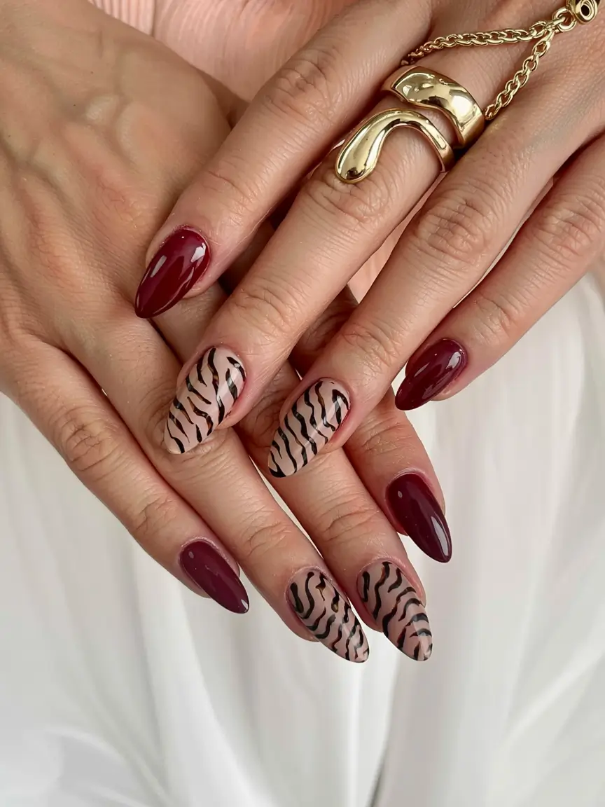 fall animal print nails 2025 Burgundy Meets Zebra