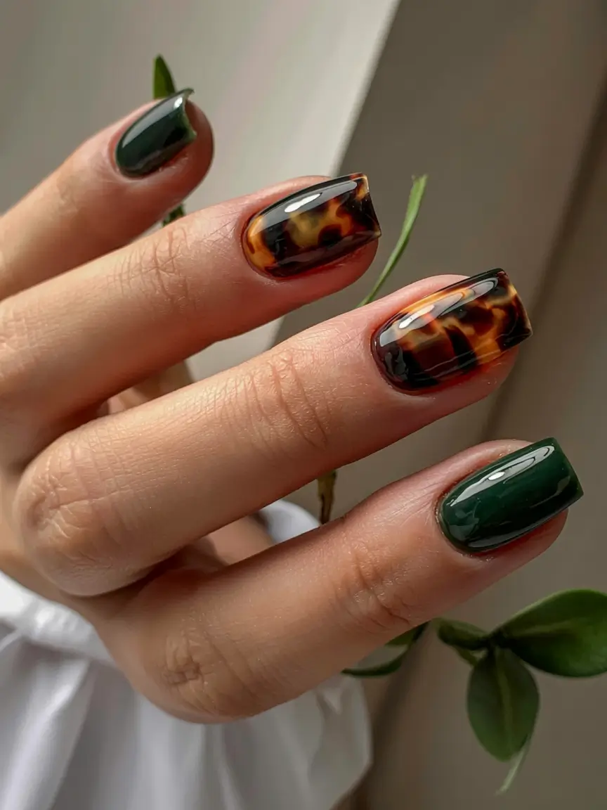 fall animal print nails 2025 Emerald and Tortoiseshell Duo