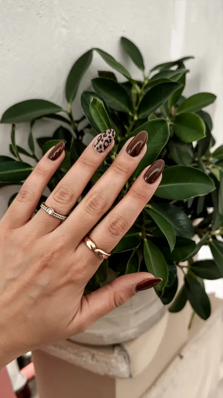 fall animal print nails 2025 Deep Cocoa With Leopard Accent