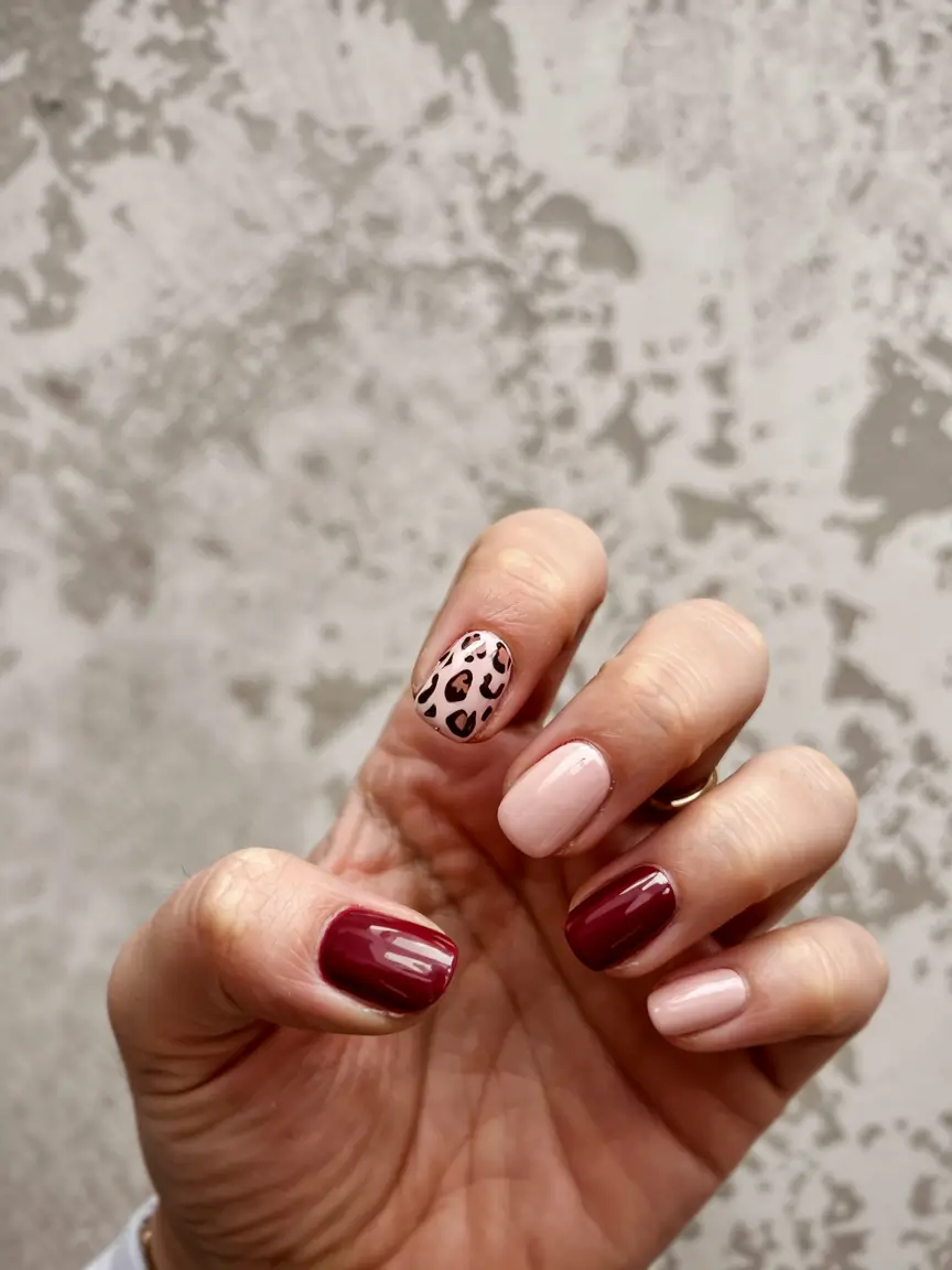 fall animal print nails 2025 Burgundy and Nude Leopard Harmony
