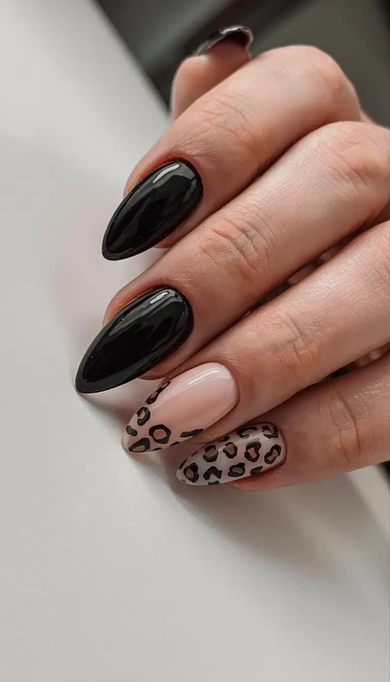 fall animal print nails 2025 Classic Noir With Leopard Accent