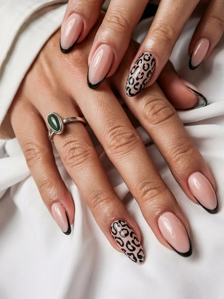 fall animal print nails 2025 French Noir With Leopard Accent