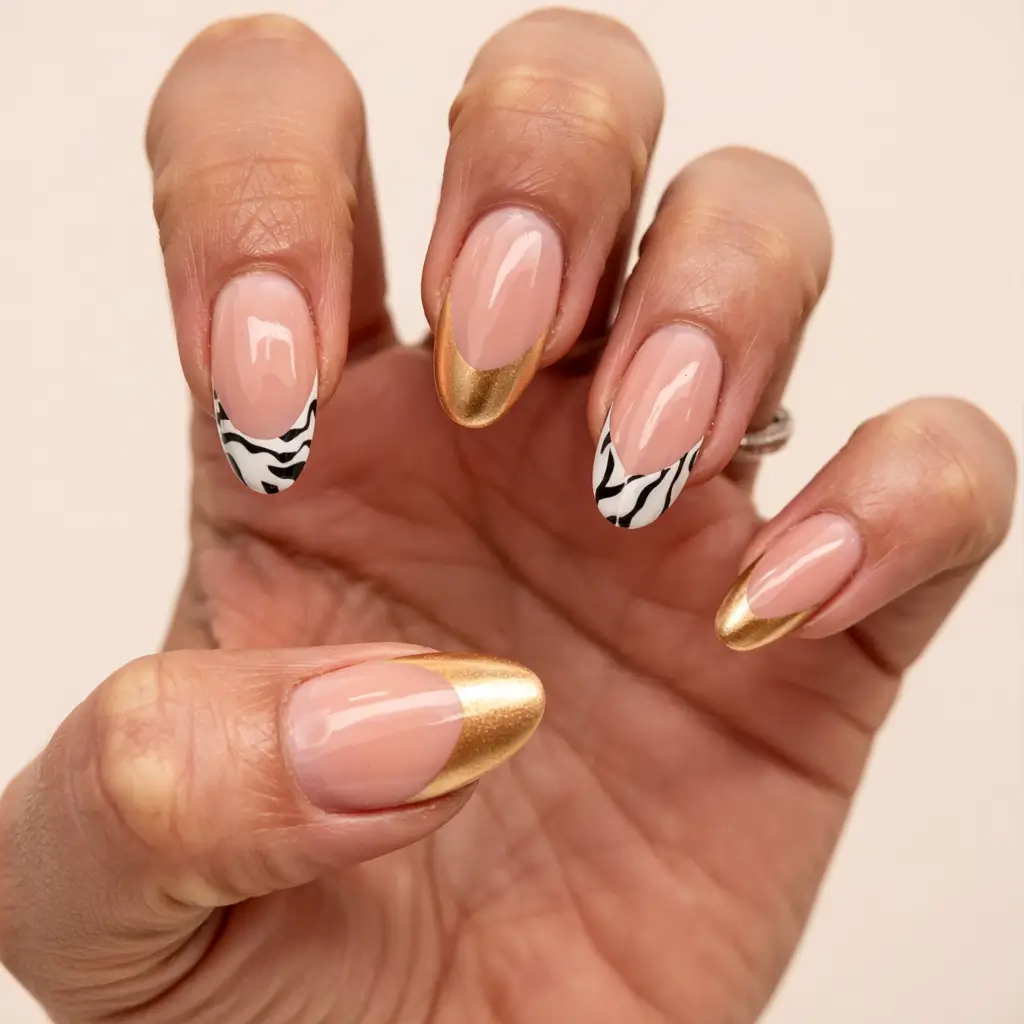 fall animal print nails 2025 Zebra and Gold Fusion