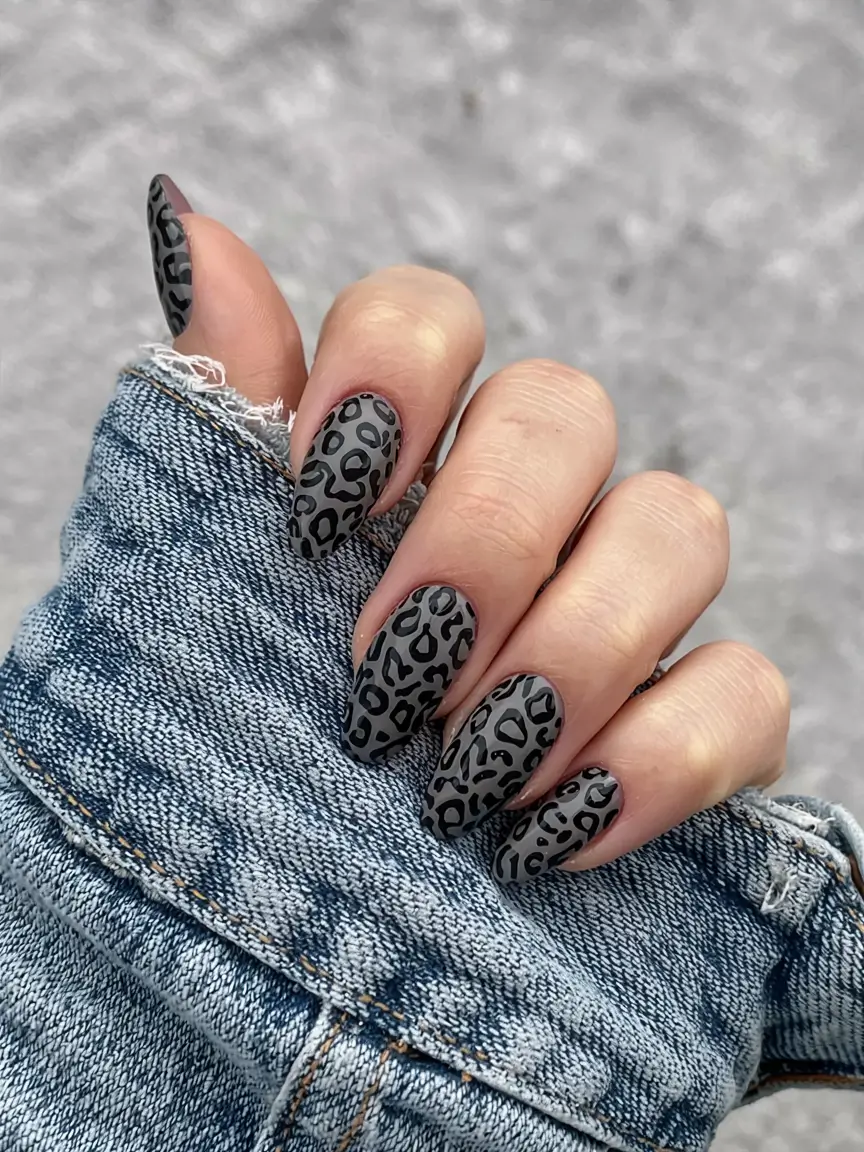 fall animal print nails 2025 Matte Charcoal Leopard