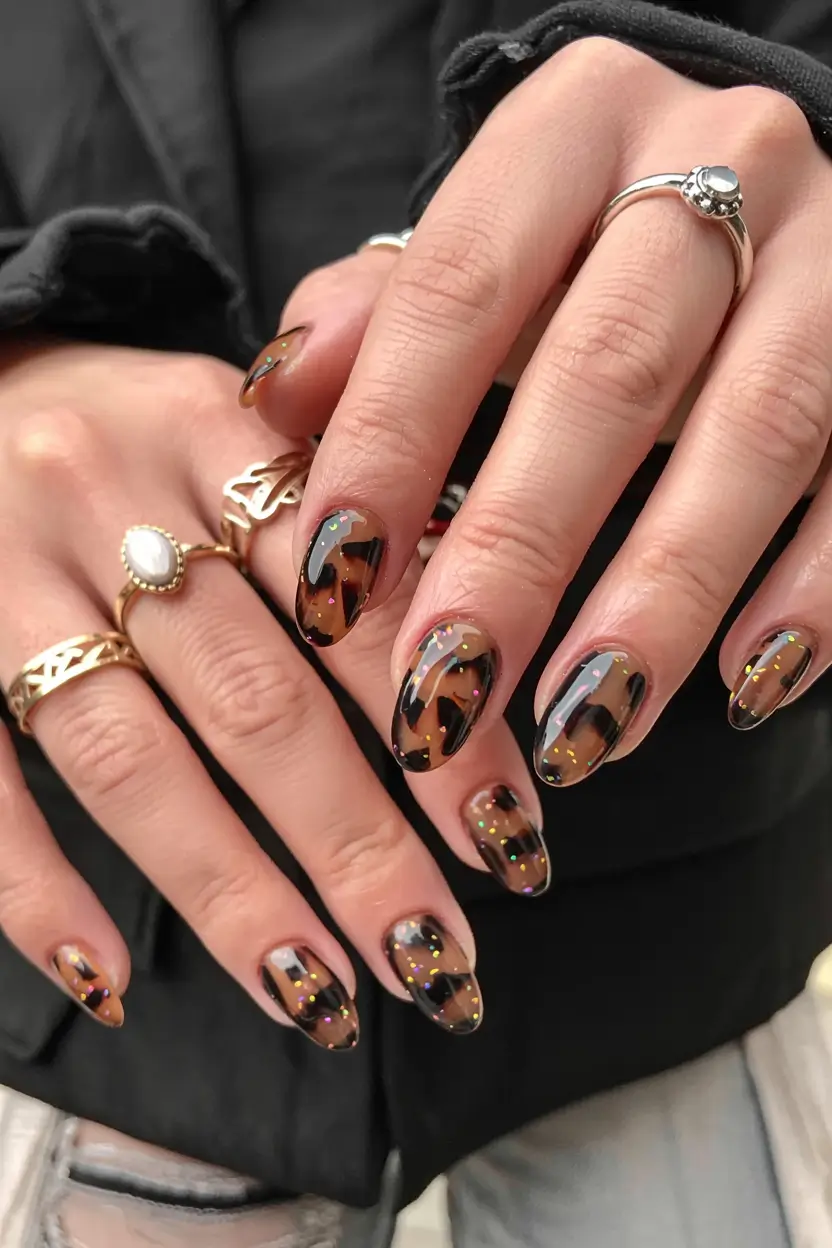 fall animal print nails 2025 Tortoiseshell Sparkle