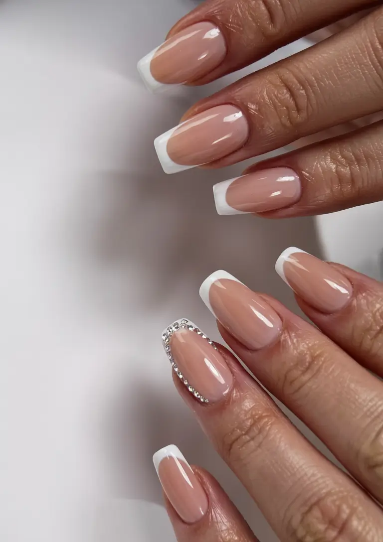 fall ballerina nails 2025 Classic French with Crystal Detailing