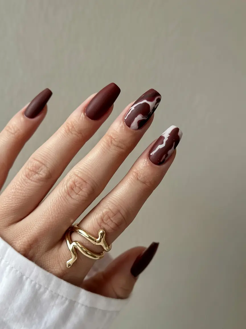 fall ballerina nails 2025 Matte Mocha with Marble Accents