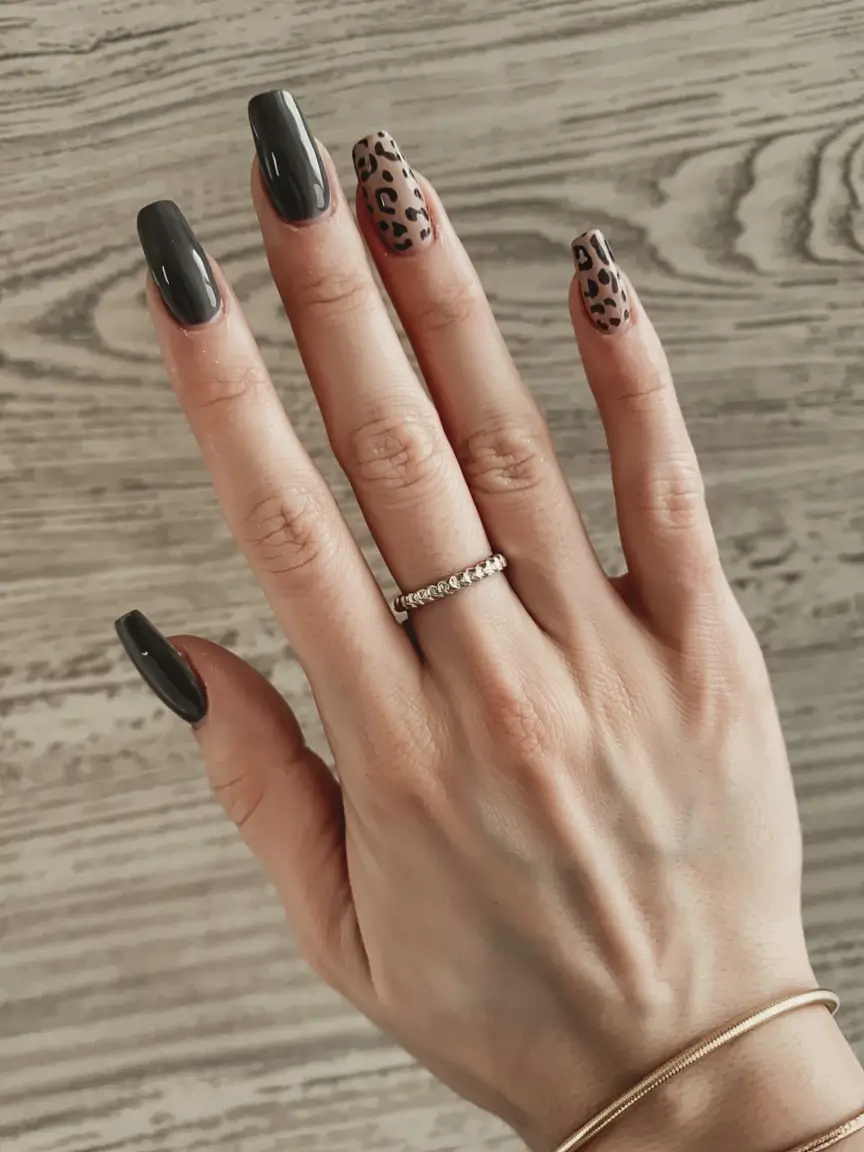 fall ballerina nails 2025 Glossy Black with Leopard Accent