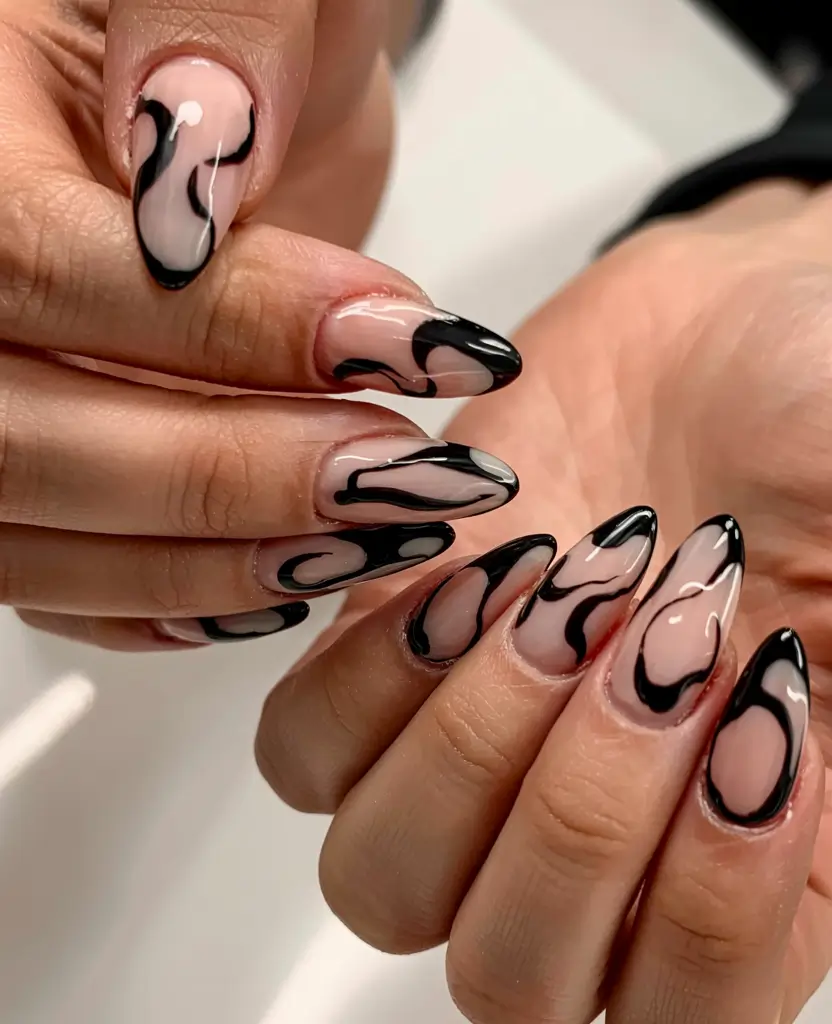 fall black nail designs 2025 Fluid Abstract Black Waves