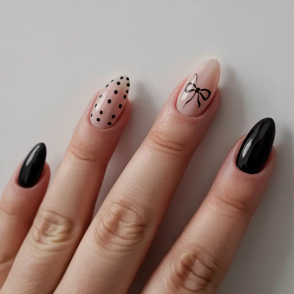fall black nail designs 2025 Polka-Dot and Bow Accents