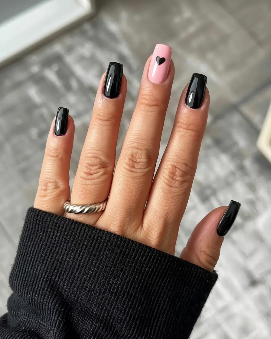 fall black nail designs 2025 Pink Accent with Minimal Heart