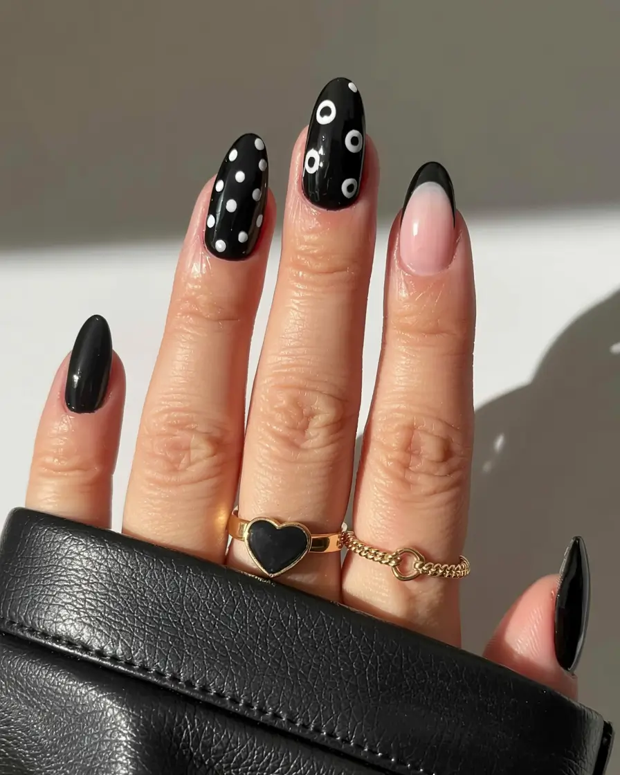 fall black nail designs 2025 Playful Black-and-White Dots