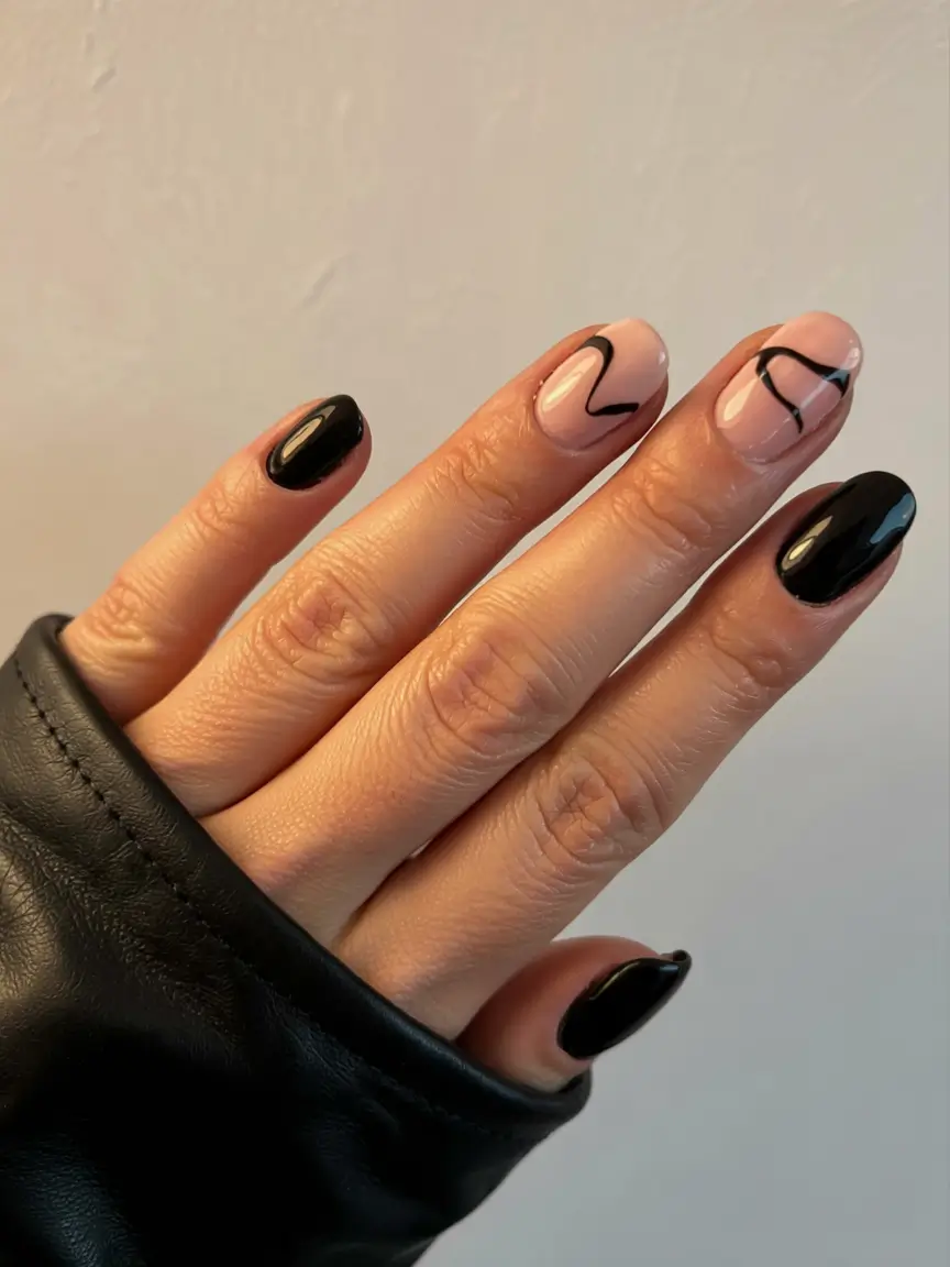 fall black nail designs 2025 Minimal Nude with Black Scribbles