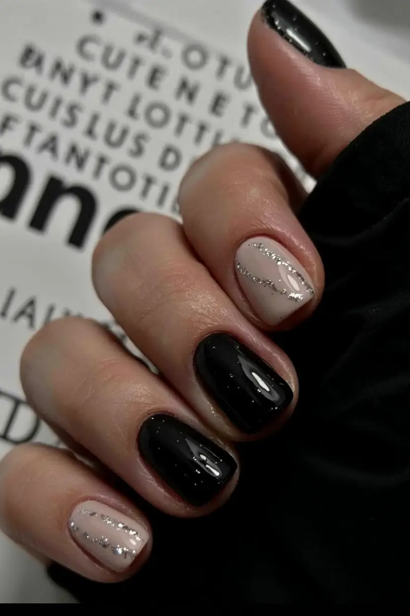 fall black nail designs 2025 Short Black with Silver Sparkle Lines
