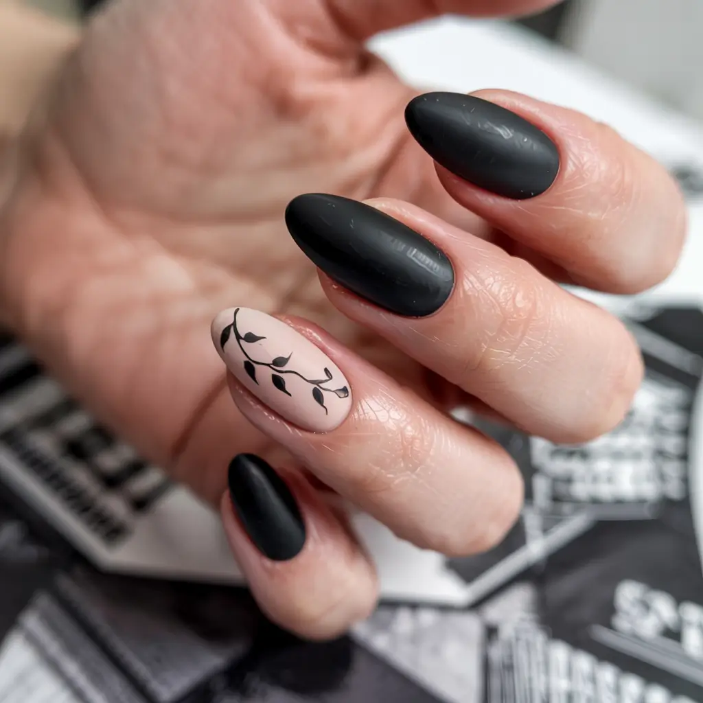 fall black nail designs 2025 Matte Black with Leafy Accent