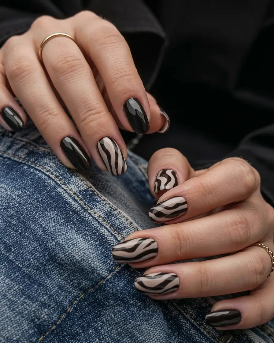 fall black nail designs 2025 Zebra Stripes in Black and Taupe
