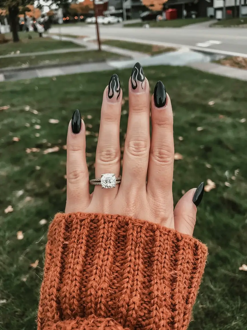 fall black nail designs 2025 Fiery Black Flames