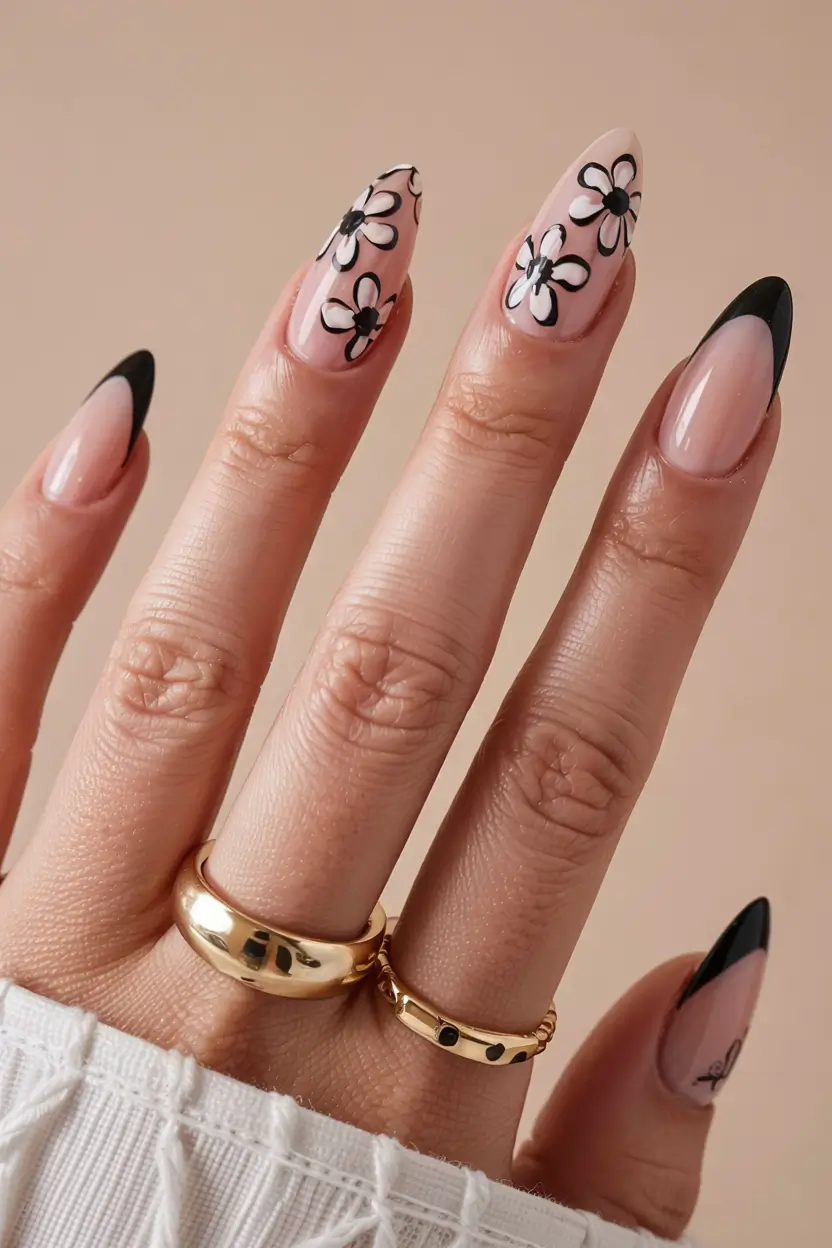 fall black nail designs 2025 Black French with Oversized Florals