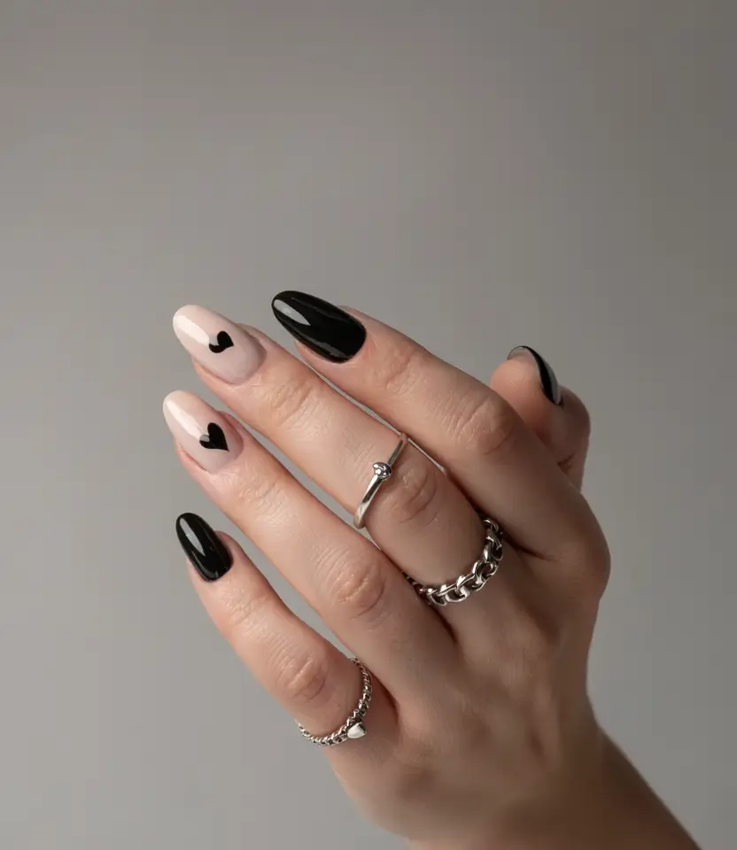 fall black nail designs 2025 Neutral Nails with Black Hearts