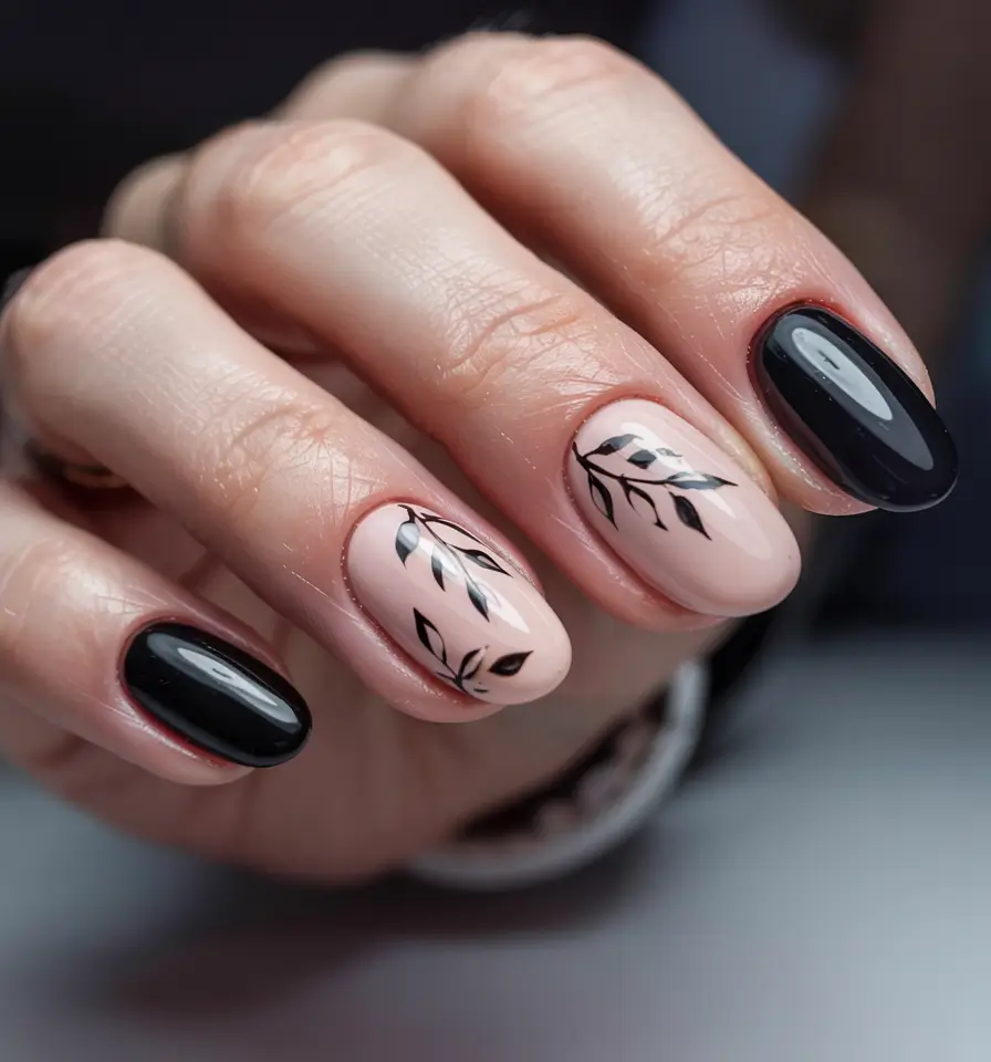fall black nail designs 2025 Botanical Elegance with Nude Accents
